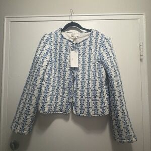 Quilted Floral Tie-Front Blazer Jacket - Blue/White